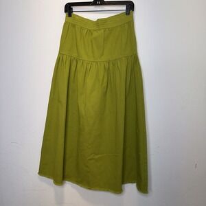 Olivia by Livro Quinn Denim Jean Midi Skirt Womens Green A-Line Tiered Boho XS